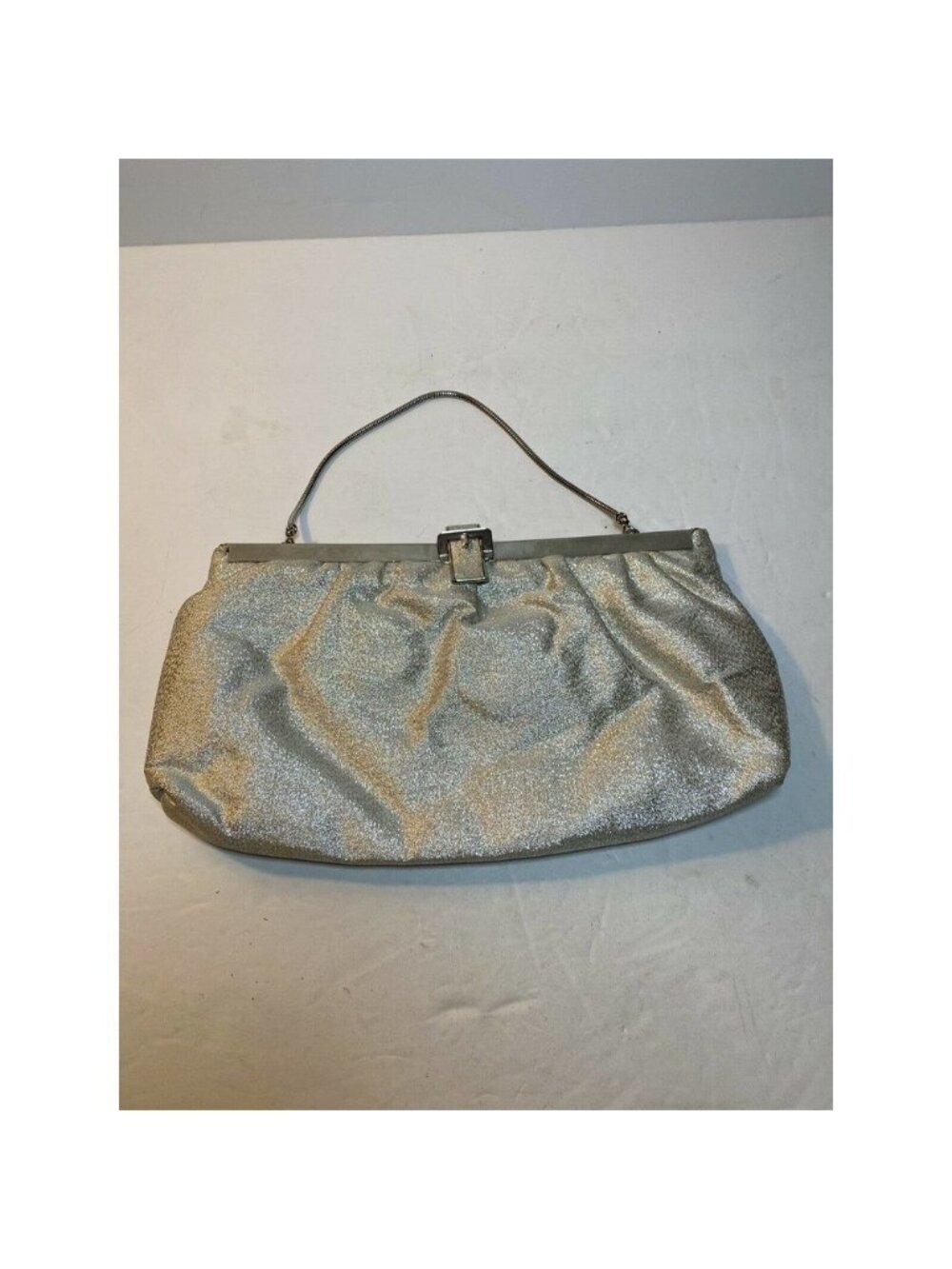 Vintage Silver Fabric Clutch Bag with Metal Trim and Strap 10"